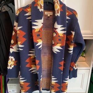 Lucky Brand Sz S Small Navy Multicolor Aztec Patterned Open Cardigan
